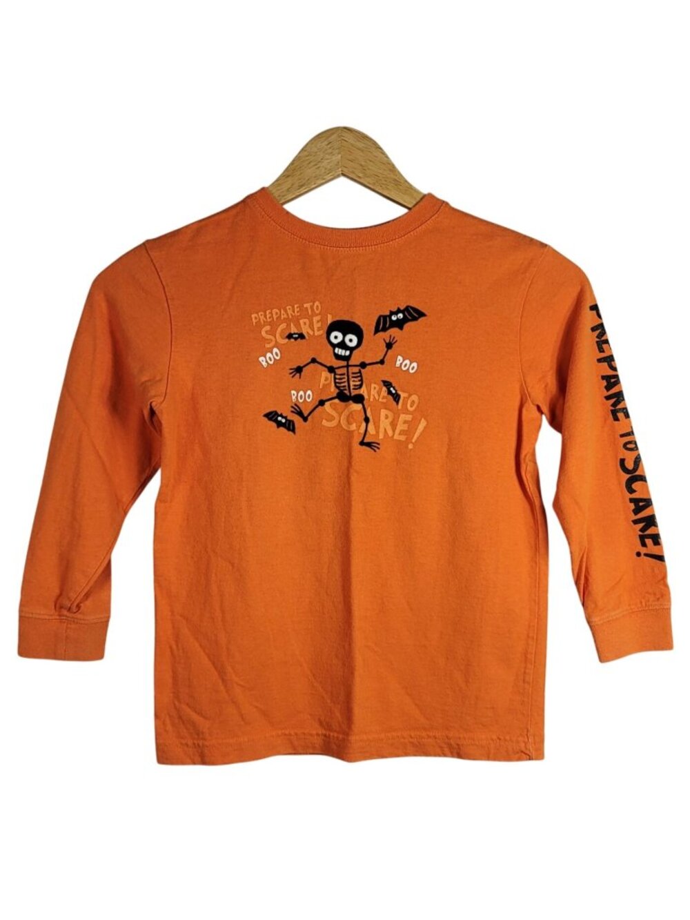 Prepare to Scare Kids Halloween T Shirt Orange XS Long Sleeve Skeleton Boo Bats